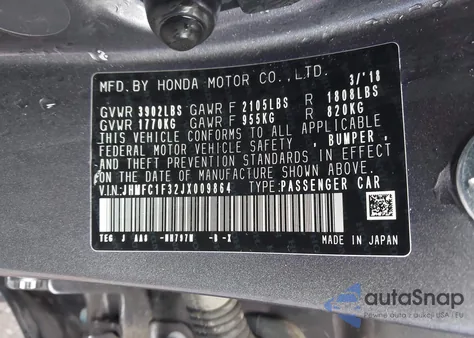 2018 Honda Civic Ex-T from USA, damaged, VIN JHMFC1F32JX009864